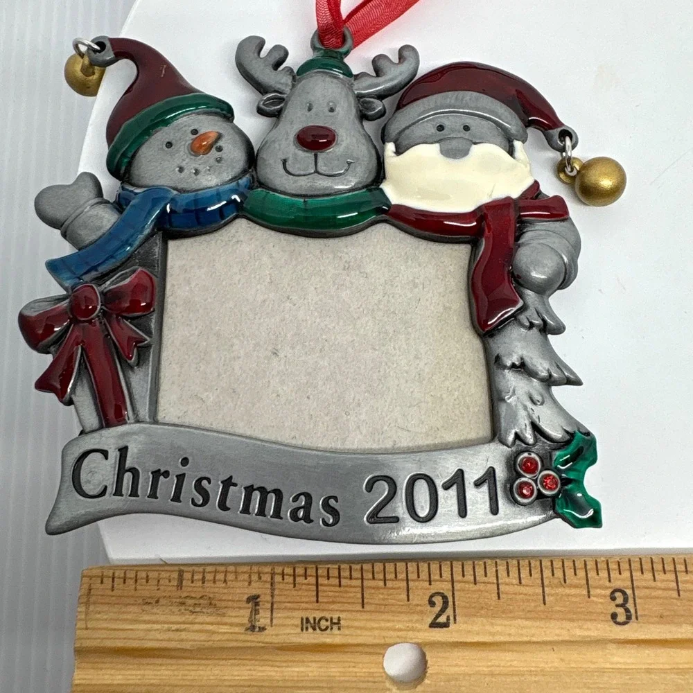 Christmas 2011 Photo Frame Ornament Snowman Reindeer Santa Bells Metal‎